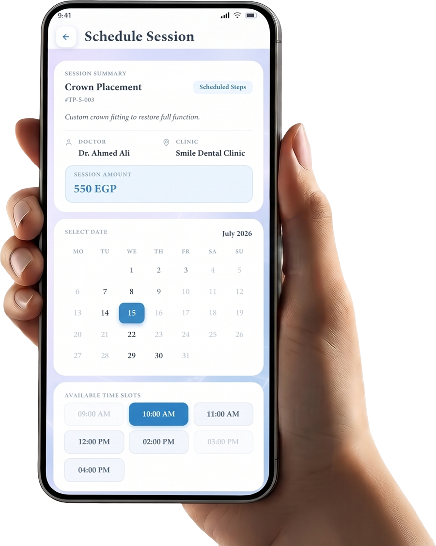 A hand holding a phone showing the Dentlora patient app booking screen